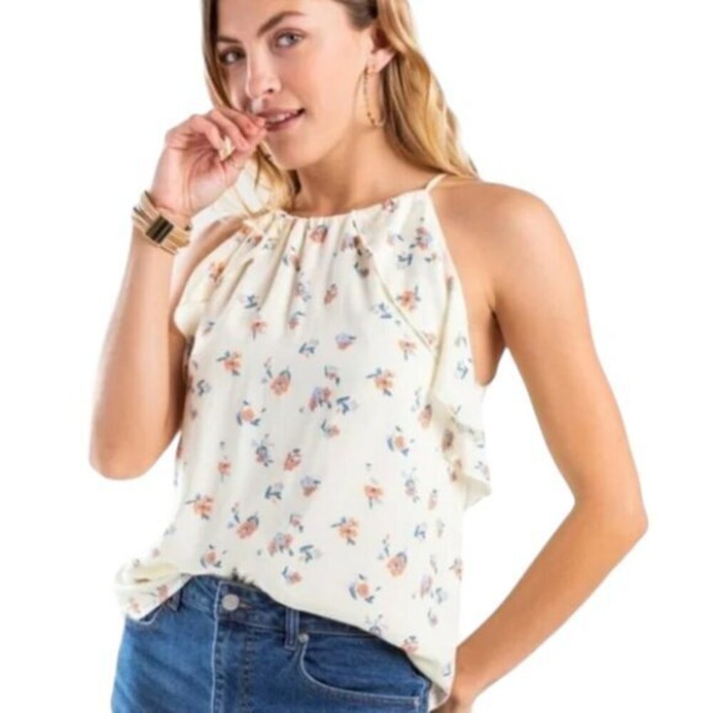 Jun & Ivy Cream Floral Ruffle Spaghetti Strap Blouse Size Small GUC #1338-LA